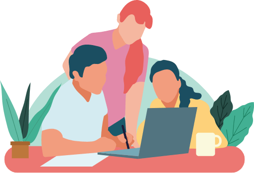 ícone de grupo de três pessoas trabalhando com sistemas e consultoria